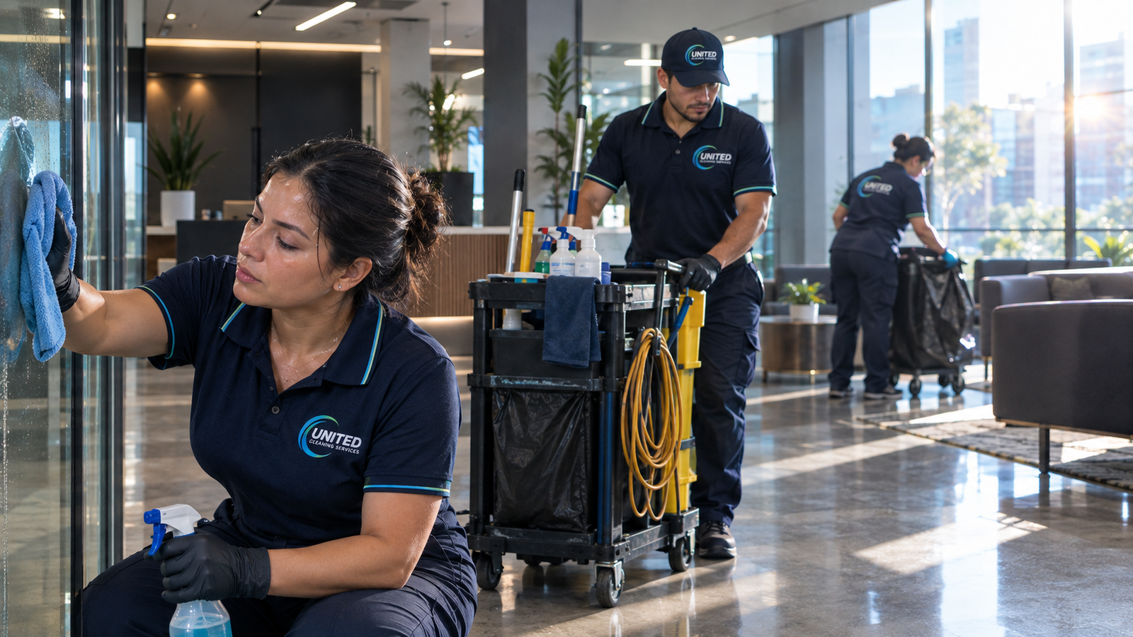 Equipo de United Cleaning Services trabajando en un lobby corporativo